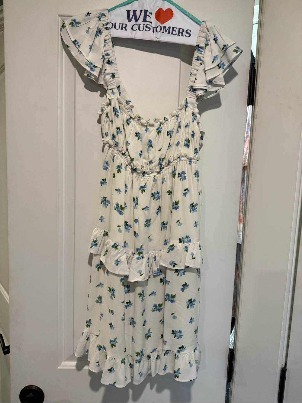 WeWoreWhat White Floral Ruffle Dress with Blue Flower Print